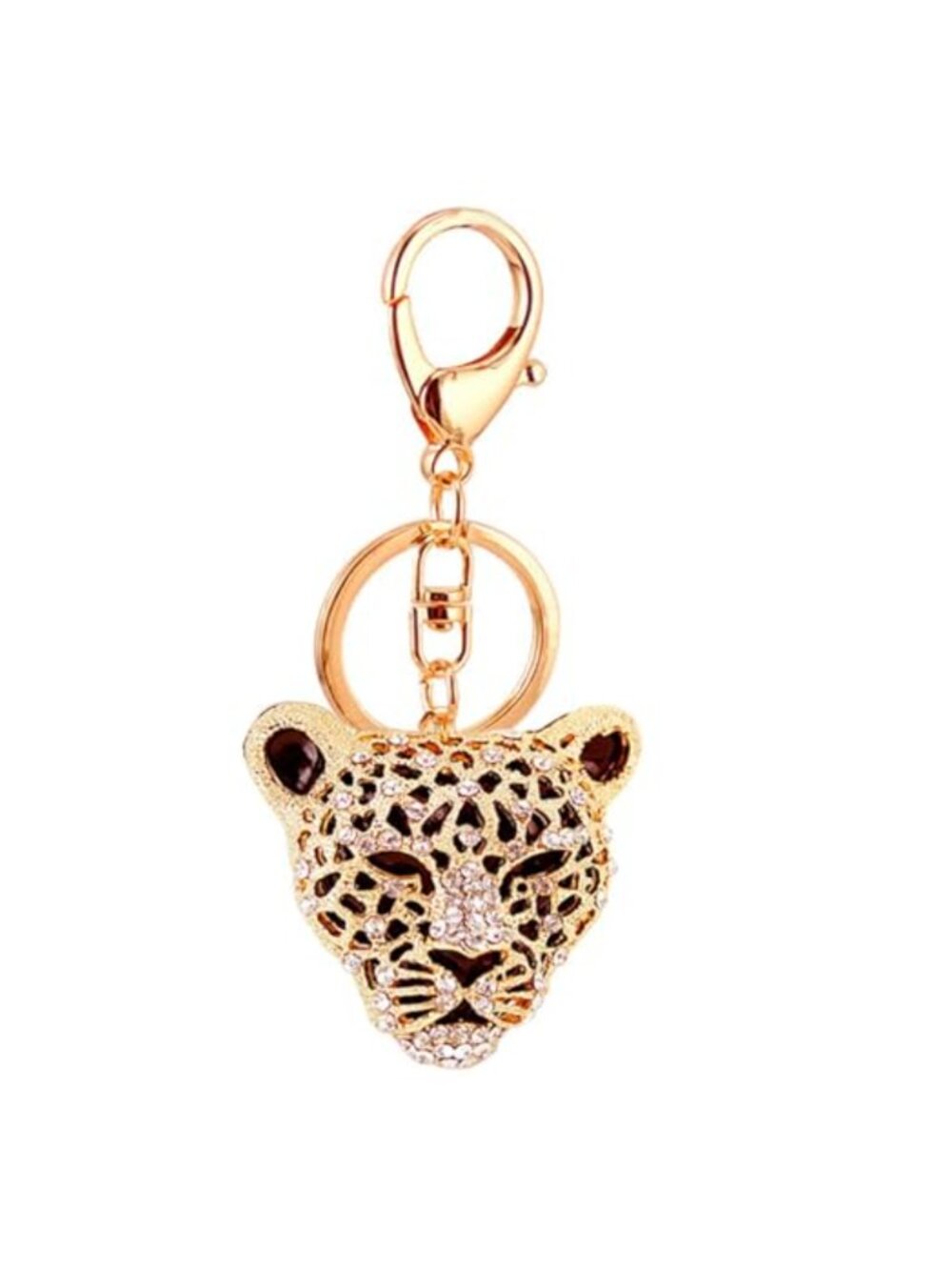 Leopard Head Purse Charm Keychain Gold Rhinestone Bag Pendant